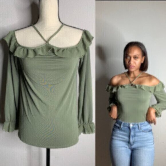 White House Black Market Off the Shoulder Ruffle Boho Long Sleeve Blouse - Picture 3 of 12